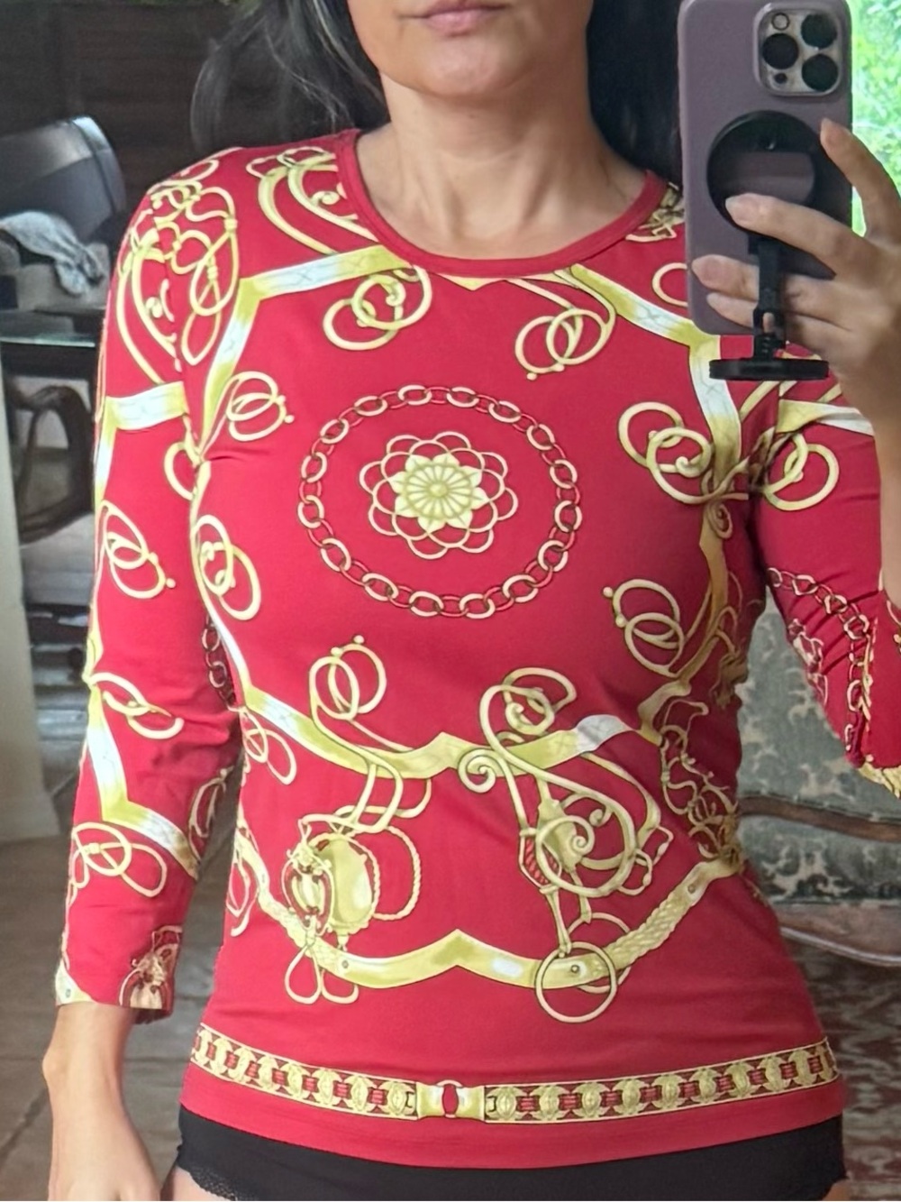 J. McLaughlin Red Long-Sleeve Top with Gold Chain Motif